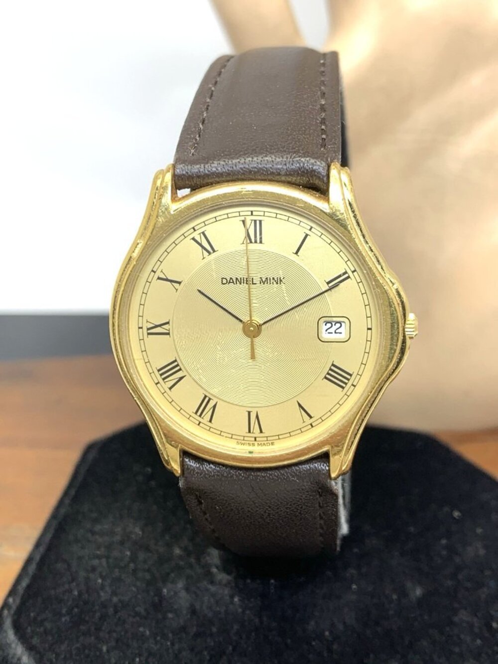 Daniel Mink Men's Watch Vintage Swiss Quartz Gold Brown Leather Strap 34mm